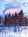 Abstract hand painted watercolor landscape with winter nature. Hand drawn picture on paper. Bright artistic painting. Royalty Free Stock Photo