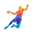 Abstract handball player jumping with the ball from splash of watercolors Royalty Free Stock Photo