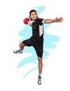 Abstract handball player jumping with the ball from splash of watercolors Royalty Free Stock Photo