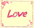 Abstract handwritten vector font lettering - LOVE on a light pink background. Multicolored linear frame with hearts for Royalty Free Stock Photo