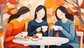 Abstract happy ladies enjoying autumn teatime Royalty Free Stock Photo