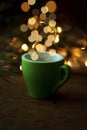 Abstract HAPPY NEW YEAR 2018 background. Christmas and New Year`s cup Design decoration. Christmas against holiday lights in cup - Royalty Free Stock Photo