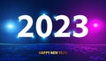 Abstract Happy new year 2023 circle light digital network on blue background digital futuristic modern hi-tech space