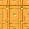 Abstract hawaii seamless pattern with green palm tree and island shapes. Orange chequered background Royalty Free Stock Photo