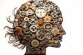 Abstract head portrait of an individual\'s cognitive brain depicted with gears and cogs
