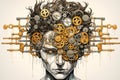 Abstract head portrait of an individual\'s cognitive brain depicted with gears and cogs