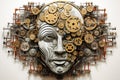 Abstract head portrait of an individual\'s cognitive brain depicted with gears and cogs