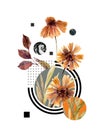 Abstract header background: watercolor fall flowers and leaves, minimal geometrical Royalty Free Stock Photo