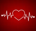 Abstract heart beats, cardiogram. Cardiology dark red background. Pulse of life line forming heart shape. Medical design over red