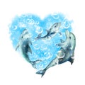 Abstract heart of a blue water with air bubbles and funny dolphins family on a white background, hand drawn watercolor