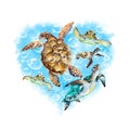 Abstract heart of a blue water with air bubbles and swimming sea turtles on a white background, watercolor drawing Royalty Free Stock Photo