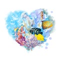 Abstract heart of a blue water with air bubbles, underwater reef with seaweed, coral, seahorse, emperor angelfish, blue-ringed Royalty Free Stock Photo