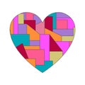 Abstract heart cut into geometric shapes with strokes. Abstract multicolored heart isolated on white background. Vecton Royalty Free Stock Photo