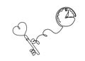 Abstract heart-key with clock as continuous line drawing on white
