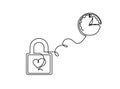 Abstract heart-lock with clock as continuous line drawing on white