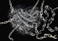 Abstract heart made of zippers, smoke and grey chains. Black background