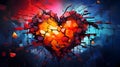 Abstract heart with red orange cracked stones on blue painted Watercolor background. Heart as a symbol of affection and Royalty Free Stock Photo