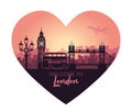 Abstract heart-shaped cityscape of London with the sights at sunset