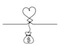 Abstract hearts with dollar as continuous line drawing on white