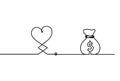 Abstract hearts with dollar as continuous line drawing on white