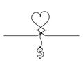 Abstract hearts with dollar as continuous line drawing on white