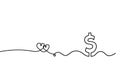 Abstract hearts with dollar as continuous line drawing on white