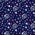 Abstract hearts and rainbow seamless pattern on dark blue background. Colorful uneven geometric shapes doodle drawing. Royalty Free Stock Photo