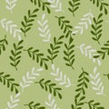 Abstract herbal floral seamless pattern with simple herbal twigs ornament. Green bbackground. Random print