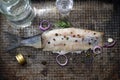 Abstract herring with vodka and glasses creative still life fish like swimming in alcohol