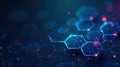 Abstract hexagon network glowing connections and digital particles in a deep blue background. Generative AI Royalty Free Stock Photo
