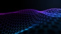 Abstract hexagon wave with moving dots. Flow of particles. Cyber technology illustration. 3d rendering