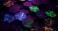Abstract Hexagonal Grid with Neon Digital Data Flow, Futuristic Technology Background Royalty Free Stock Photo
