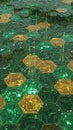 Abstract hexagonal grid pattern with liquid water droplets and embedded circuit board technology in emerald green and gold colors Royalty Free Stock Photo