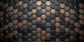 Abstract hexagonal pattern of bronze and dark metal tiles with textured surfaces. Generative AI Royalty Free Stock Photo