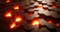 Abstract hexagonal pattern with fiery orange glowing lights in a dynamic arrangement Royalty Free Stock Photo