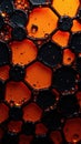 Abstract hexagonal pattern with glowing orange and dark background featuring small bubbles. Generative AI Royalty Free Stock Photo