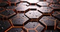 Abstract hexagonal pattern with glowing orange edges and water droplets Royalty Free Stock Photo