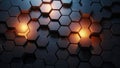 Abstract hexagonal pattern with glowing orange lights and dark futuristic background Royalty Free Stock Photo