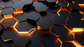 Abstract hexagonal pattern with illuminated orange glow, modern digital design. Royalty Free Stock Photo