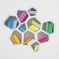 Abstract hexagonal shelf full of multicolored books, isolated on white background