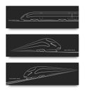 Abstract high speed train in motion. Set of modern train silhouettes, outlines, contours isolated on black background. Royalty Free Stock Photo