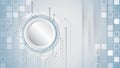 Abstract high-tech background with circular digital interface, circuit lines, and soft blue gradients, ideal for technology, Royalty Free Stock Photo