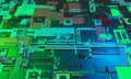 Abstract high tech electronic PCB Printed circuit board background in blue and green color. 3d illustration Royalty Free Stock Photo