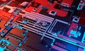 Abstract high tech electronic PCB Printed circuit board background in blue and red color. 3d illustration Royalty Free Stock Photo