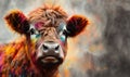 Abstract highland cow head portrait, Scottish highland cow from multicolored paints, Created using generative AI tools.