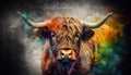 Abstract highland cow head portrait, Scottish highland cow from multicolored paints