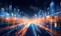 abstract highway path through digital binary towers in city. Concept of big data, machine learning