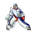 Abstract hockey goalkeeper from splash of watercolors, colored drawing, realistic. Winter sport