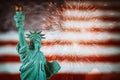 Abstract holiday fireworks 4th of July celebration in United States on Statue of Liberty of American flag on background Royalty Free Stock Photo