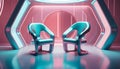 Abstract holo furniture concept,Two futuristic blue chairs with pink neon lights and a curved doorway in the background Royalty Free Stock Photo